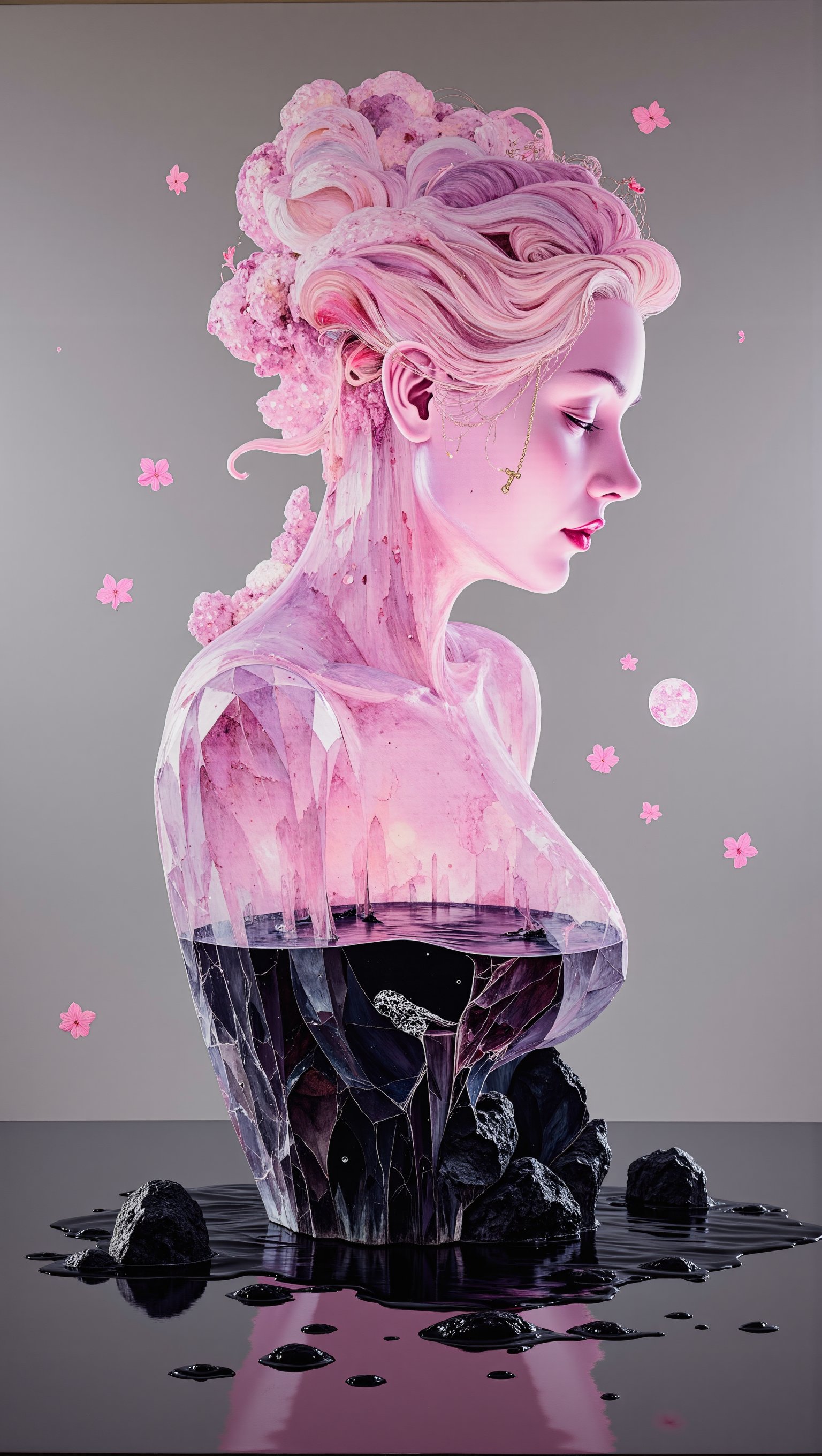 (masterpiece, high quality, 8K resolution). 
An abstract painting called "Poison of Love". In the center of the composition is a crystal sculpture of a stunningly beautiful girl. The crystal shimmers with a soft pink color, symbolizing love. From the inside, the sculpture is filled with a poisonous black liquid, symbolizing poison. The minimalist background refers to the art exhibition. The lighting is accentuated on the sculpture, helping to highlight the contrast between the color of the crystal and the color of the liquid. Romanticism in the format of dark fantasy, melancholic renaissance, the tragedy of love of the lyrical hero, Surreal art,ek_art_b00ster, remove object