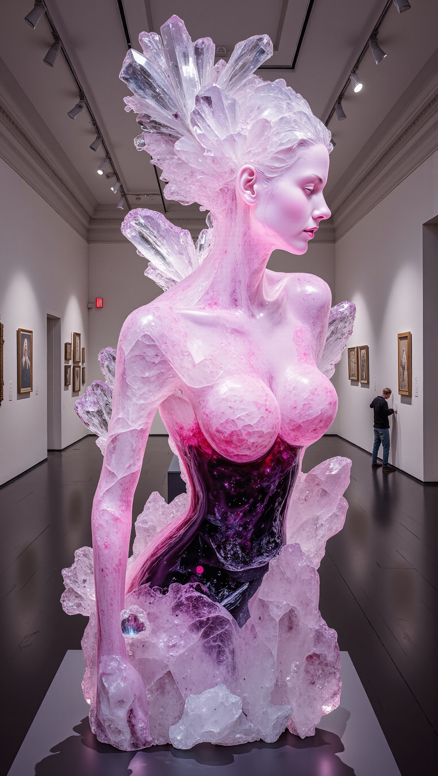 (masterpiece, high quality, 8K resolution). 
An abstract painting called "Poison of Love". In the center of the composition is a crystal sculpture of a stunningly beautiful girl. The crystal shimmers with a soft pink color, symbolizing love. From the inside, the sculpture is filled with a poisonous black liquid, symbolizing poison. The minimalist background refers to the art exhibition. The lighting is accentuated on the sculpture, helping to highlight the contrast between the color of the crystal and the color of the liquid. Romanticism in the format of dark fantasy, melancholic renaissance, the tragedy of love of the lyrical hero, Surreal art,ek_art_b00ster