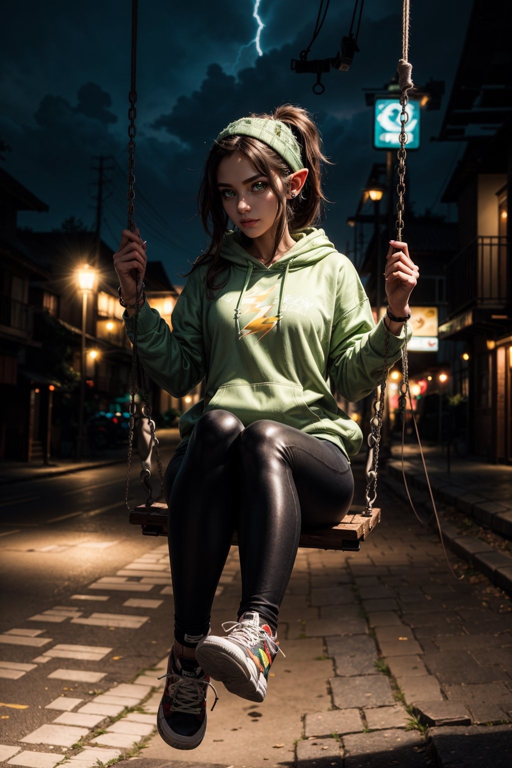 fantasy, winter, high_detalization, swing on a swing, 1 girl, 20_years_old, elf, breathtaking_beautiful, long_black_hair, ponytail, elfin ear, green_eyes. piercing_ears, bracelet, little_pendant_on_neck, (yellow_close_hoodie), (black_breeches), sneakers, cocky_attitude,yofukashi background, wonderful_lightning,highres