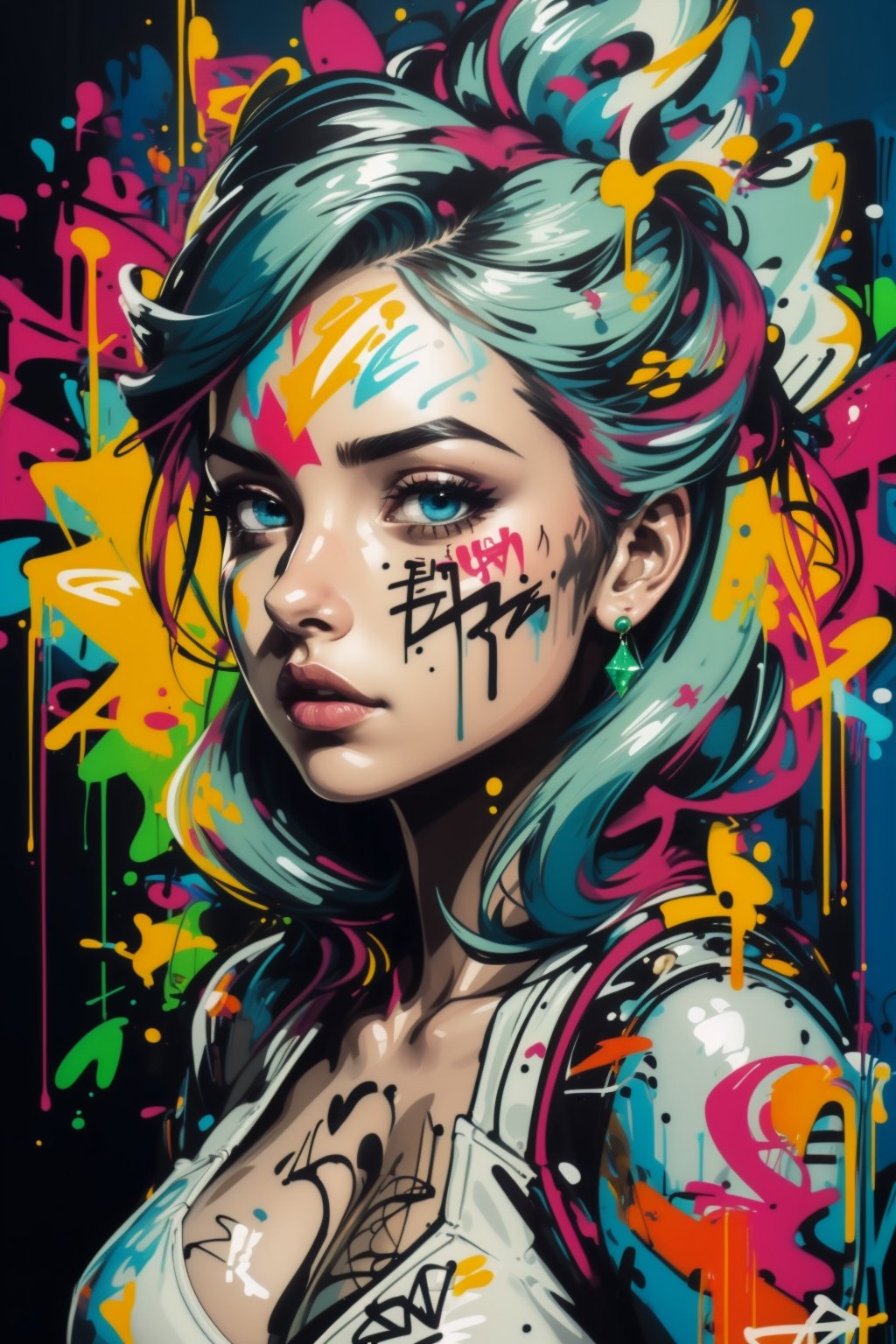 2D, graffitiStyle, (graffiti of perfect girl, random view, solo: 1.5), casual outfit, vibrant, detailed, very attractive, elegant face, sport figure, abstract, masterpiece, high quality, (emerald hair: black hair: 1.3), bright blue eyes, splashes of paint, dynamic pose, ,graffitiStyle