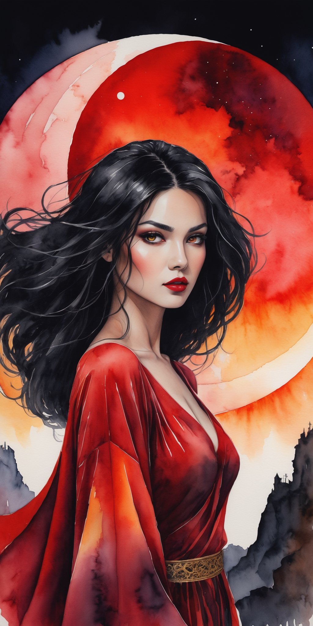 intricate fantasy dream about beautiful woman with black hair and golden eyes,  clothing in red loose silk dress,  red blo...