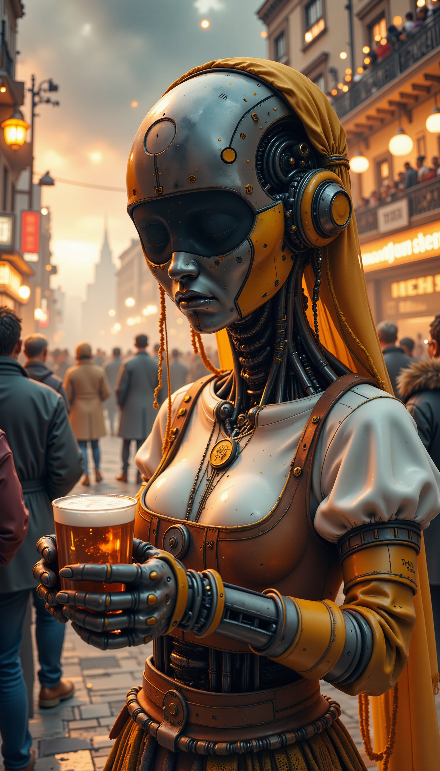 (masterpiece, high quality, 8K resolution) Robotic Oktoberfest, A dystopian world where only robots remain on Earth, preserving human traditions in their new culture. One of these traditions is Oktoberfest. In the illustration, we see a high-tech robot in a female configuration, where only the humanoid form of the body remains from the human. Visually unusual, but at the same time attractive robot in a classic German outfit with a mug of black foamy machine oil in her hands. Warm lighting, metallic reflections, a festive atmosphere in a world destroyed for humanity, where robotic life continues to flicker. wat3rc0l0r