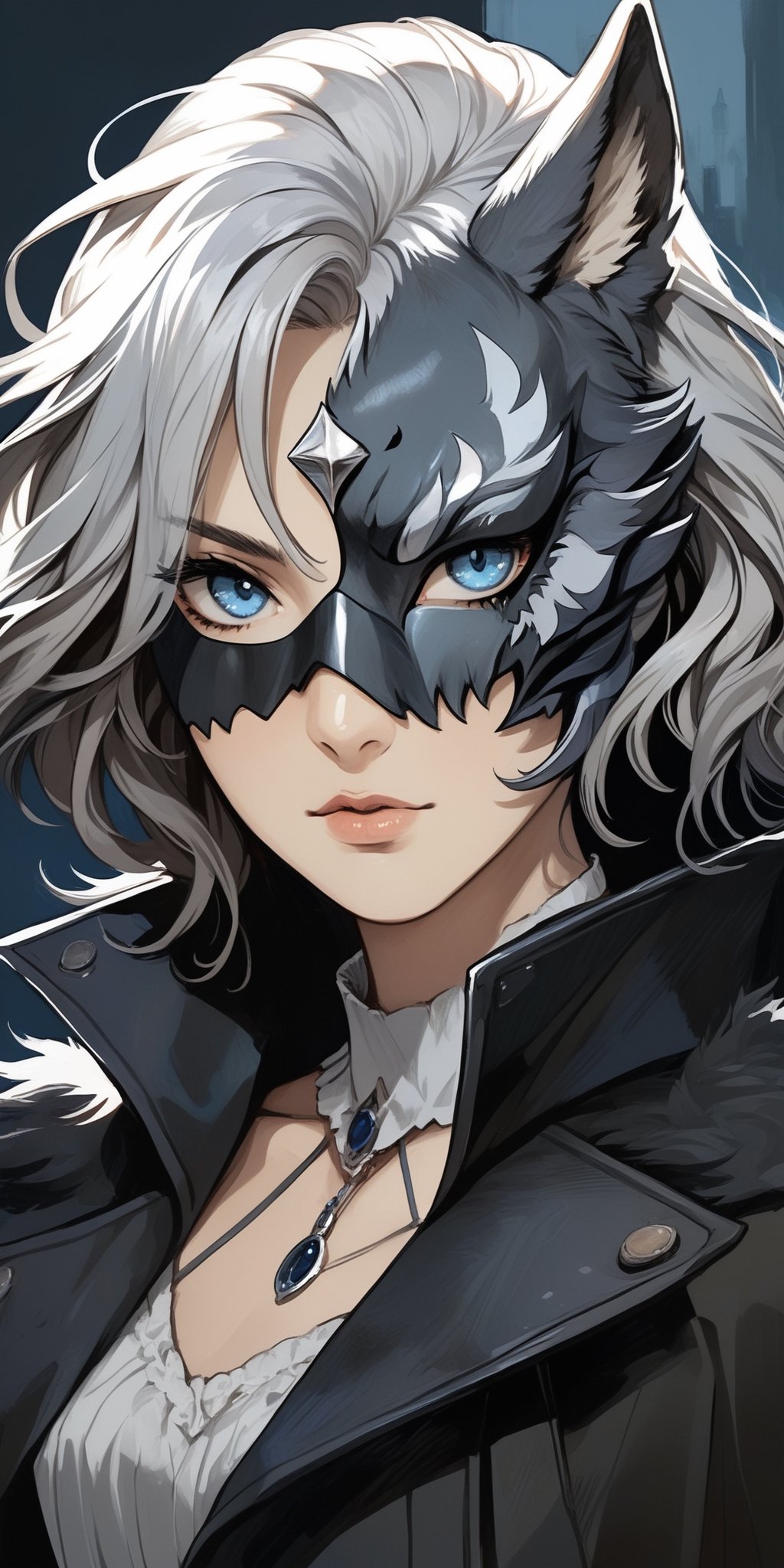 (masterpiece, high quality, 8K, high_res), merge ink drawning and anime style, Portrait of a silver-haired girl in a steel wolf mask, glowing blue eyes, muted background, reflection of silver, dark tones, aesthetic, thriller, modern, truly artwork, trending on artstation, perfect, influence of the novel The Count of Monte Cristo, veneagance story,portraitart,Leonardo Style