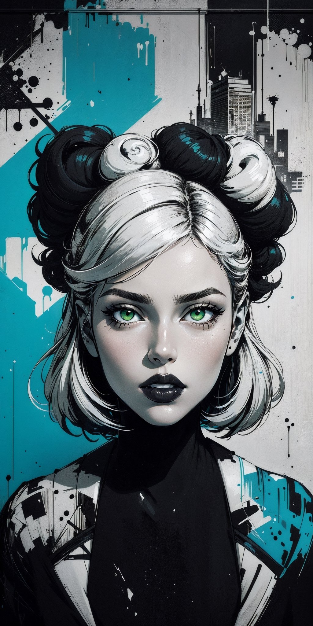 graffitiStyle
Portayal of an amazingly beautiful woman in graffiti style. Black and white colors prevails. Aqua eyes stand out. Picture should be urbanistic and elegant. By Conrad Roset style. High quality, 8K resolution, ultra HDR.highres,