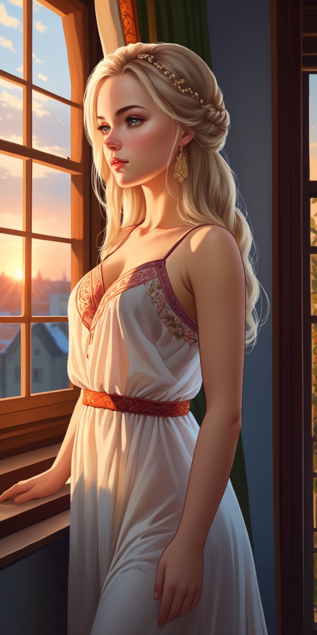 beautiful slavic woman,  sadly look at the window in her bedroom,  very detailed face by badabum27 on Tensor.Art