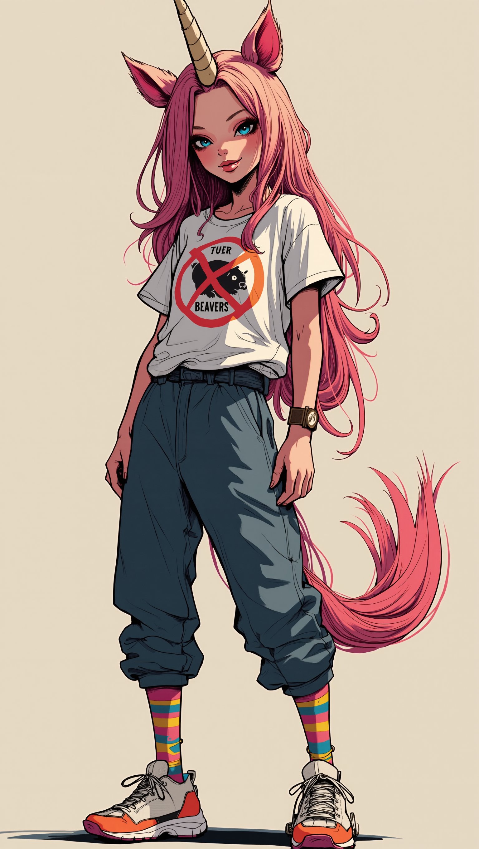 (masterpiece, high quality, 8K resolution). ultra detailed non cropped illustration. incredibly beautiful woman as the Unicorn in female body. Casual clothes: t-shirt with "No Beavers" sign, breeches, high rainbow socks, sneakers.The girl is a wonderful combination of maturity and innocence. The fantasy component of the picture makes it bright and contrasting, and the realism in appearance gives the form of a fashion photo shoot. The unusual combination of styles is organically intertwined, giving the viewer a sense of the uniqueness and beauty of real art through the simplicity of everyday life., The image is made by mixing the styles of animation and comics, adding matte colors and elegant drawing for people of all ages.,ct-skyzo_identity