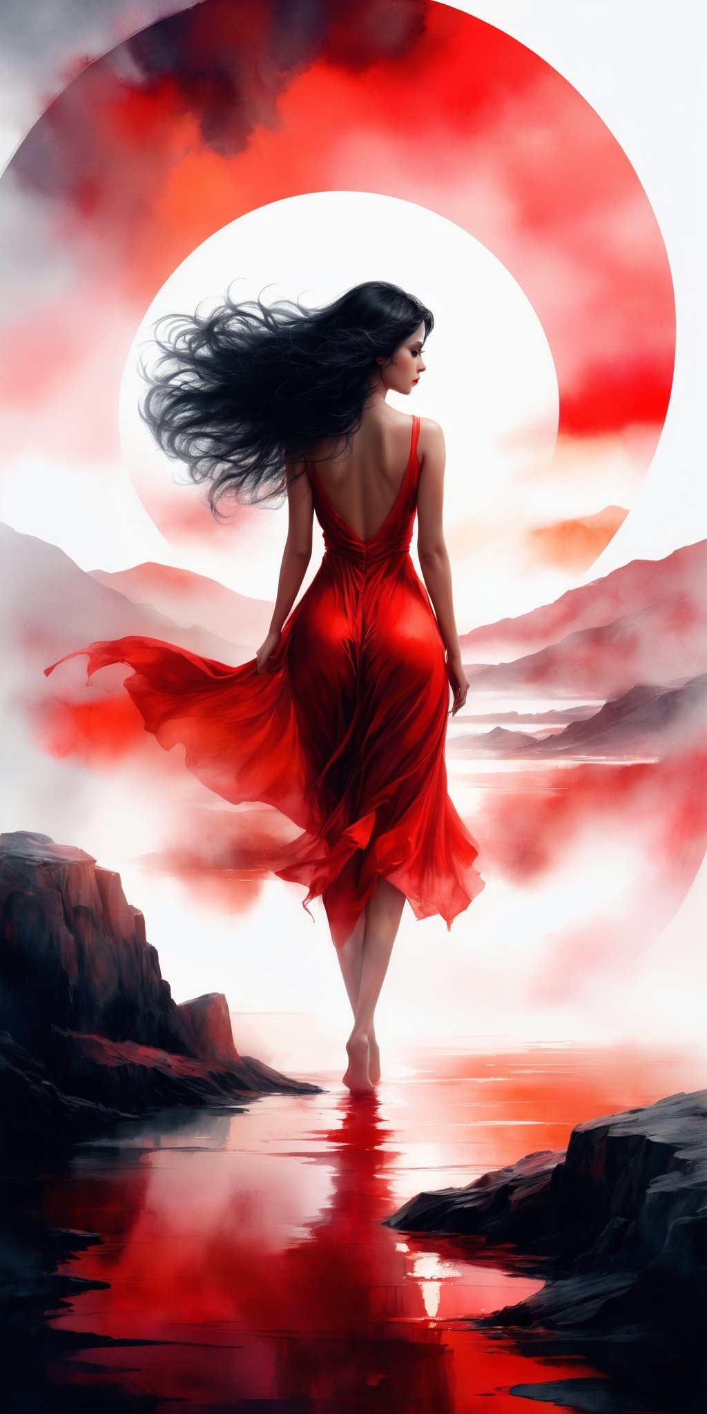intricate fantasy dream about beautiful woman with black hair and golden eyes,  clothing in red loose silk dress,  red blo...