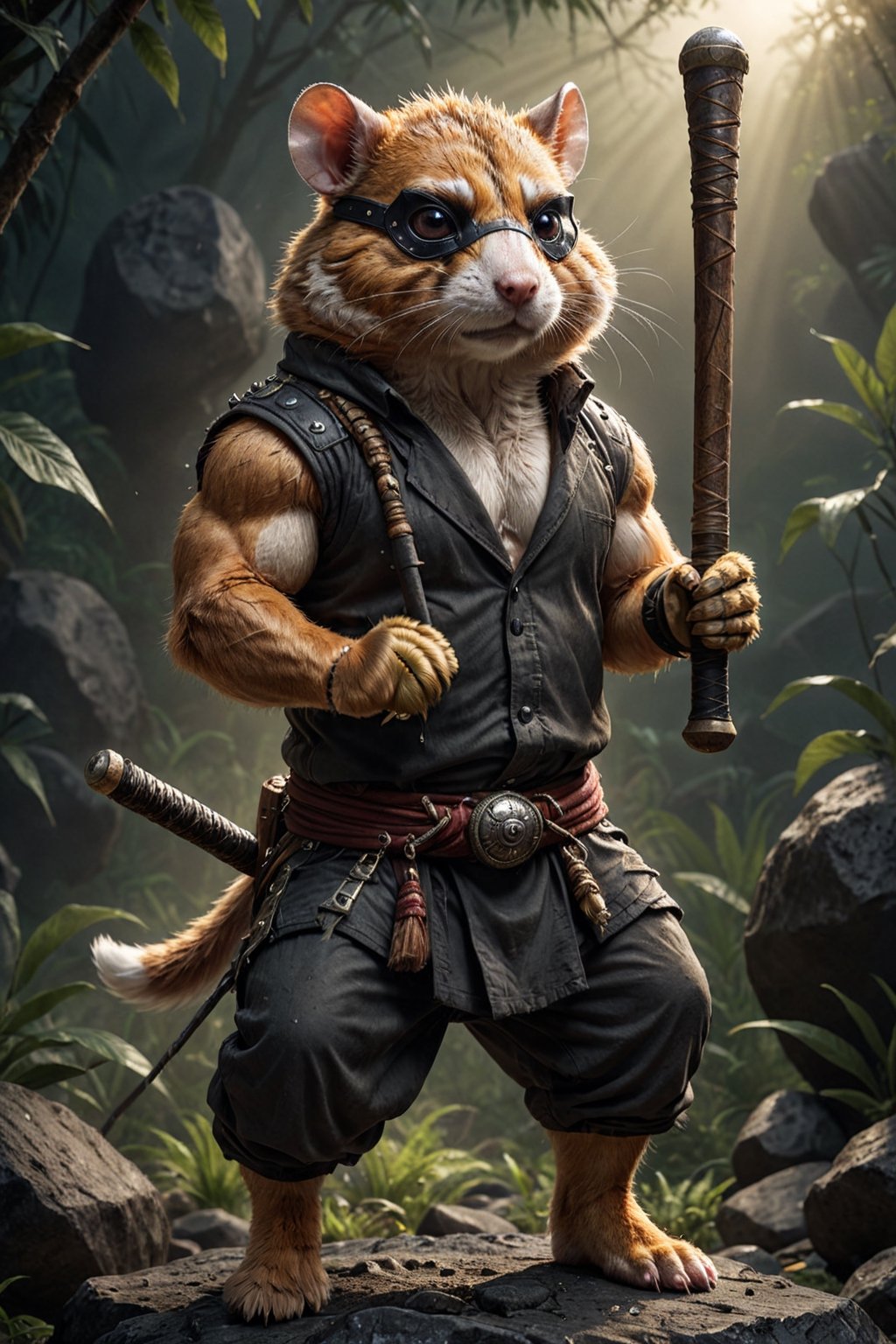 a (muscular:0.5) furry (martial arts master:0.7) battle (hamster:1.2) mafioso (monk:0.5) holding a crude club studded with dark rocks. He has one eye and a bandana (eye patch:1.3). His fur is blackened, but he wields the baseball bat with fierce determination. The morning sunrise highlights him with impeccable (cinematic backlighting) as it burns away the morning mist of the jungle. perfectly drawn hands, cinematic scene, dramatic lighting, hyperdetailed photography, soft light, full body portrait, cover. shot on Blackmagic Pocket Cinema Camera 6K Pro and a Sigma Cine Prime 35mm f/1.4 lens (f/4.0, moderate ISO)