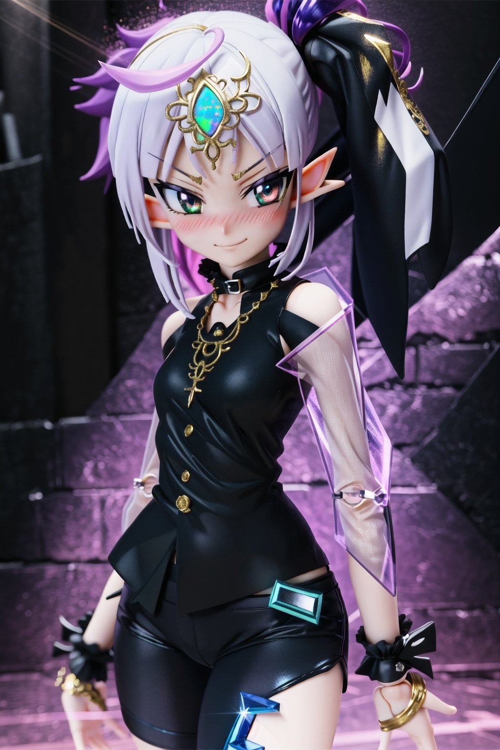 anime-doll age21,doll-joints,half-punk-hair,sly-opal-anime-eyes,smug,blushing,slender-body,elf-punk, crop_top,midrift,spandex-boyshorts,gilded opal,source lighting,radial lighting,intricate, ornate, elegant,sunray-illumination,3D,Goth