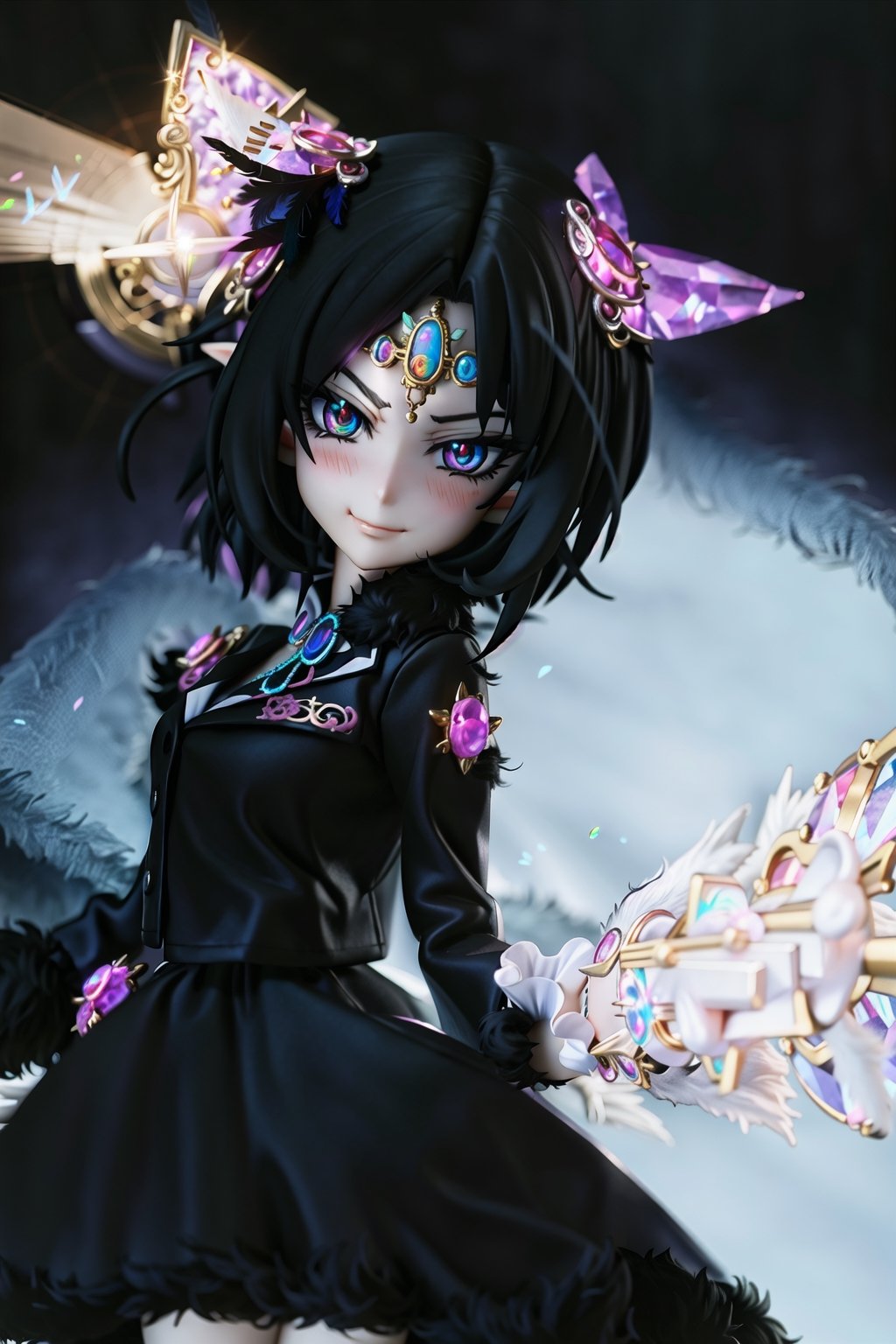 anime-doll age21,doll-joints,half-punk-hair,sly-opal-anime-eyes,smug,blushing,slender-body,elf_punk, fur&feathers,opal,source lighting,radial lighting,intricate, ornate, elegant,sunray-illumination,3D,Goth