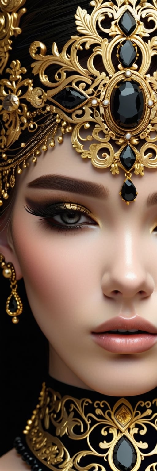 An ornate closeup face, girl 19 yo, baroque embellishments, delicate filigree, gold and obsidian  accents, high-resolution, regal mechanical complexity, intricate gold and obsidian textures.