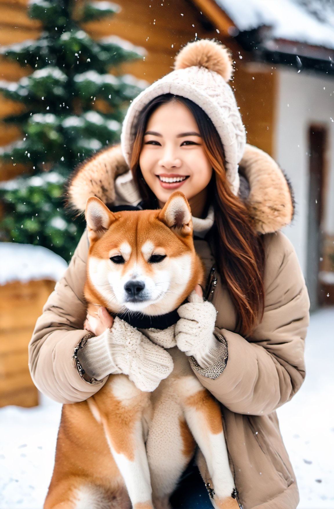 Cute dog, Shiba Inu, warm, cozy background, winter (snowing).
Wearing thick winter clothes, the female owner on the side is stroking her head. The girl is smiling and harmonious, outside.