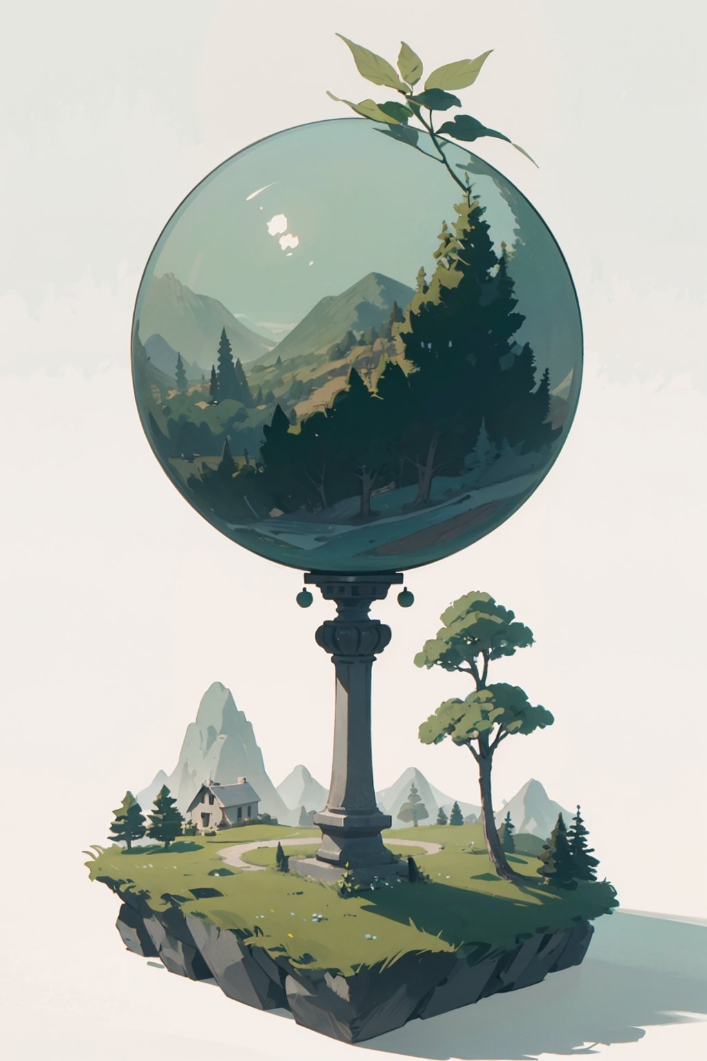 (best quality), (4k resolution), creative illustration of a miniature world on a white pedestal. The world is a green sphere with various natural and artificial elements. There is a river, trees, mountains, and a small house on the sphere. The image has a minimalist style with a light color palette that creates a contrast with the white background