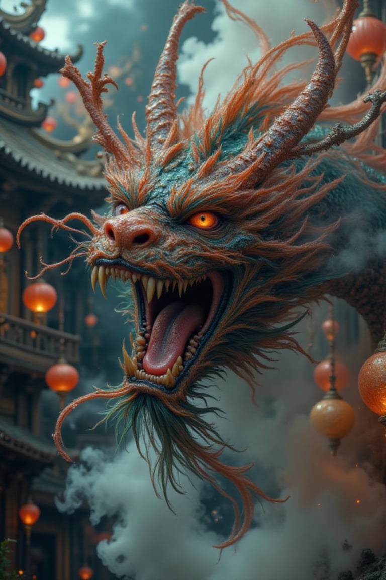 The image features a dramatic and intricately designed dragon-like creature,  embodying a blend of ferocity and majesty. T...
