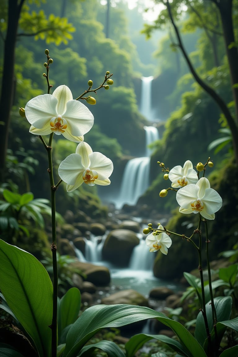 The image portrays a serene and enchanting natural setting,  featuring a lush green forest illuminated by soft,  diffused...