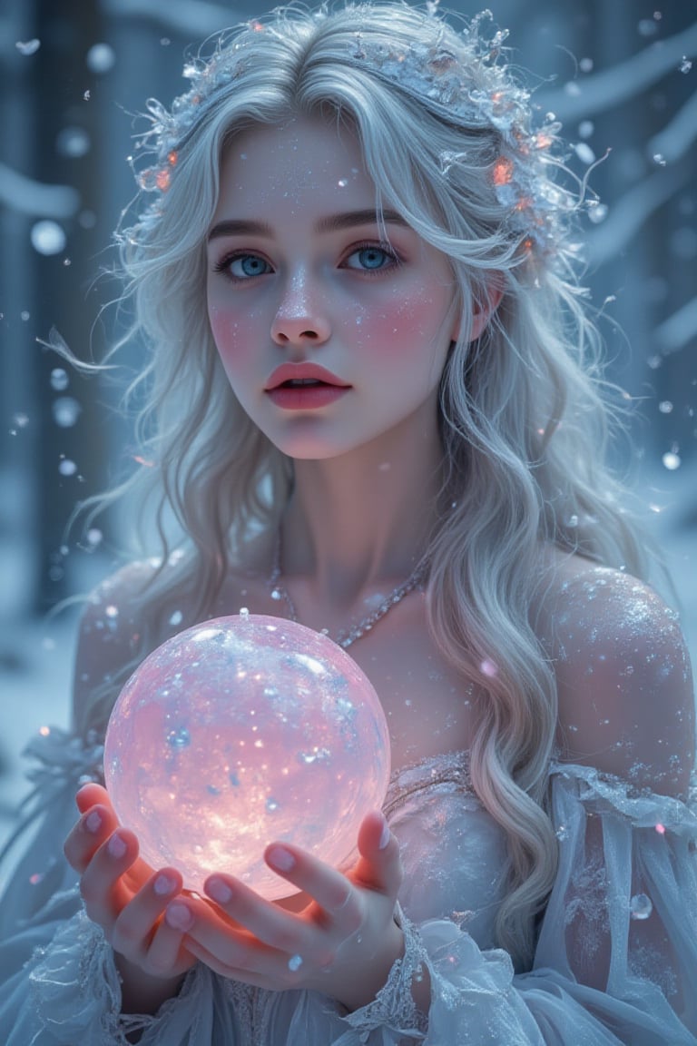 "Close-up of a female nymph with silver hair and radiant skin,  holding an enchanted snowball that glows a soft shade of p...