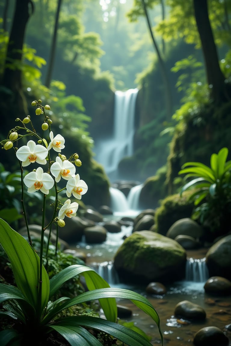 The image portrays a serene and enchanting natural setting,  featuring a lush green forest illuminated by soft,  diffused...
