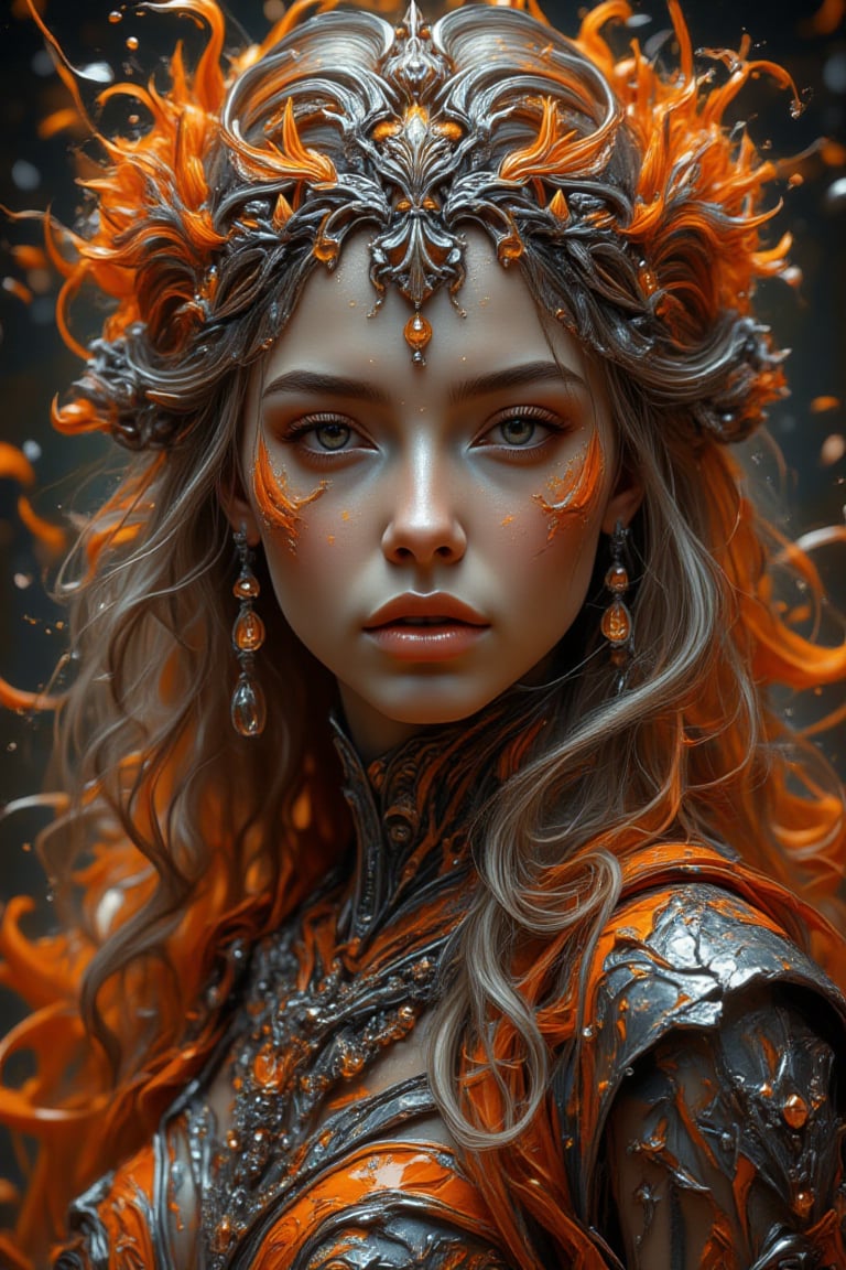 Ethereal portrait of a stunning female figure,  characterized by a smooth,  metallic gray complexion adorned with vibrant...