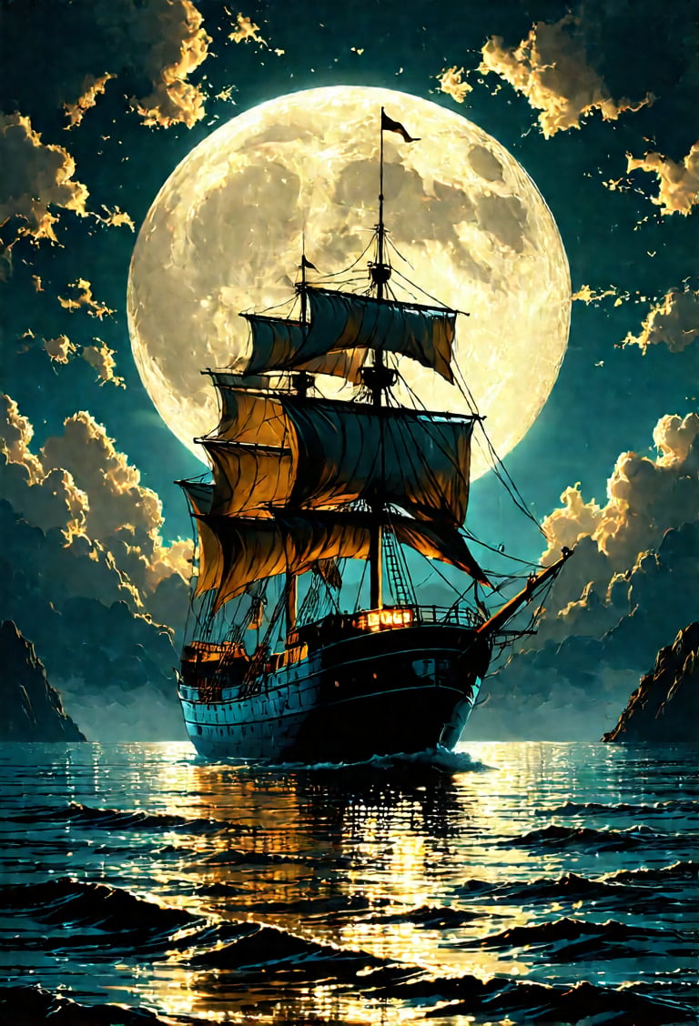 A majestic sailing ship glides through reflective waters under a massive,  luminous full moon . The scene is lit by the mo...