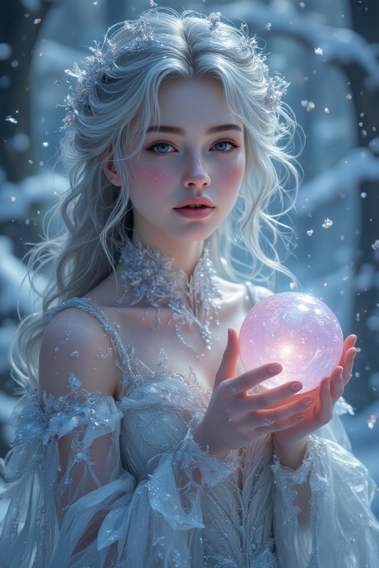 "Close-up of a female nymph with silver hair and radiant skin,  holding an enchanted snowball that glows a soft shade of p...