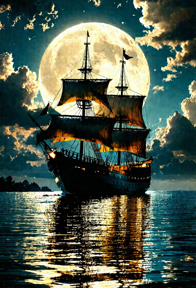 A majestic sailing ship glides through reflective waters under a massive,  luminous full moon . The scene is lit by the mo...