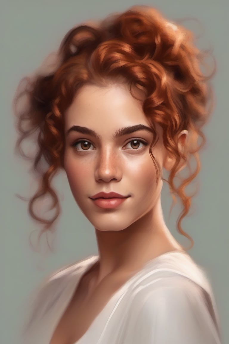 Digital art painting of a beautiful young woman with curly copper hair in an updo. She is wearing a low white blouse. Detailed feminine face looking at the camera.