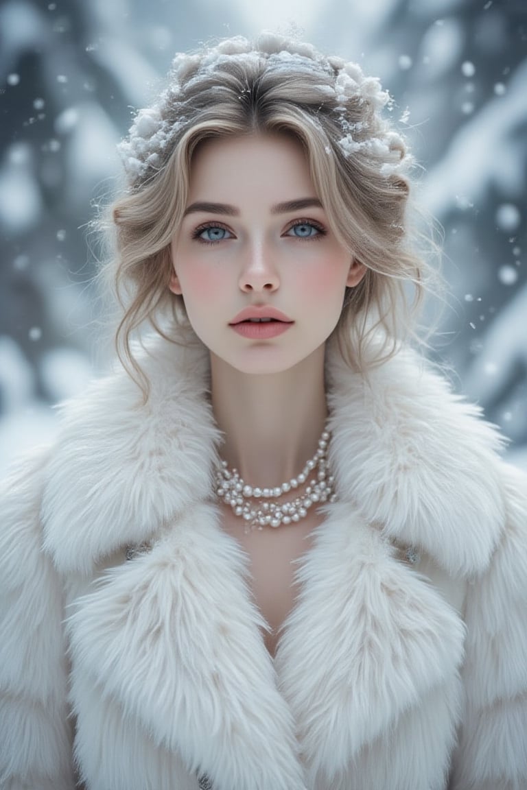 Snow Mountain A serene winter scene with gently falling snowflakes creating a soft,  dreamy atmosphere. A figure is dresse...