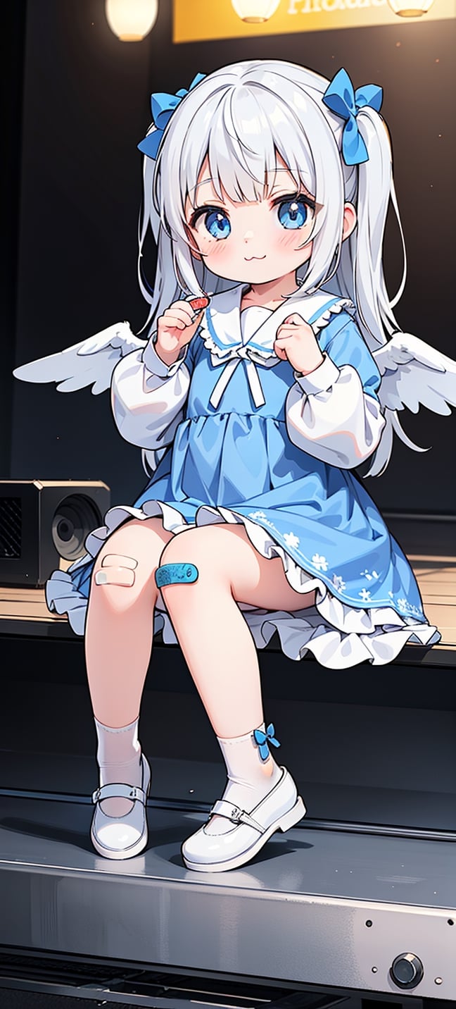 1girl, solo, long hair, looking at viewer, blush, smile, open mouth, bangs, blue eyes, hair ornament, long sleeves, dress, bow, very long hair, full body, white hair, :3, closed mouth, hair bow, frills, wings, shoes, socks, puffy sleeves, virtual youtuber, two side up, hands up, blue dress, blue bow, white footwear, frilled dress, white socks, bandaid, puffy long sleeves, bandaid on leg, bandaid on knee, kindergarten uniform, on the stage, photorealistic,photorealistic,best quality