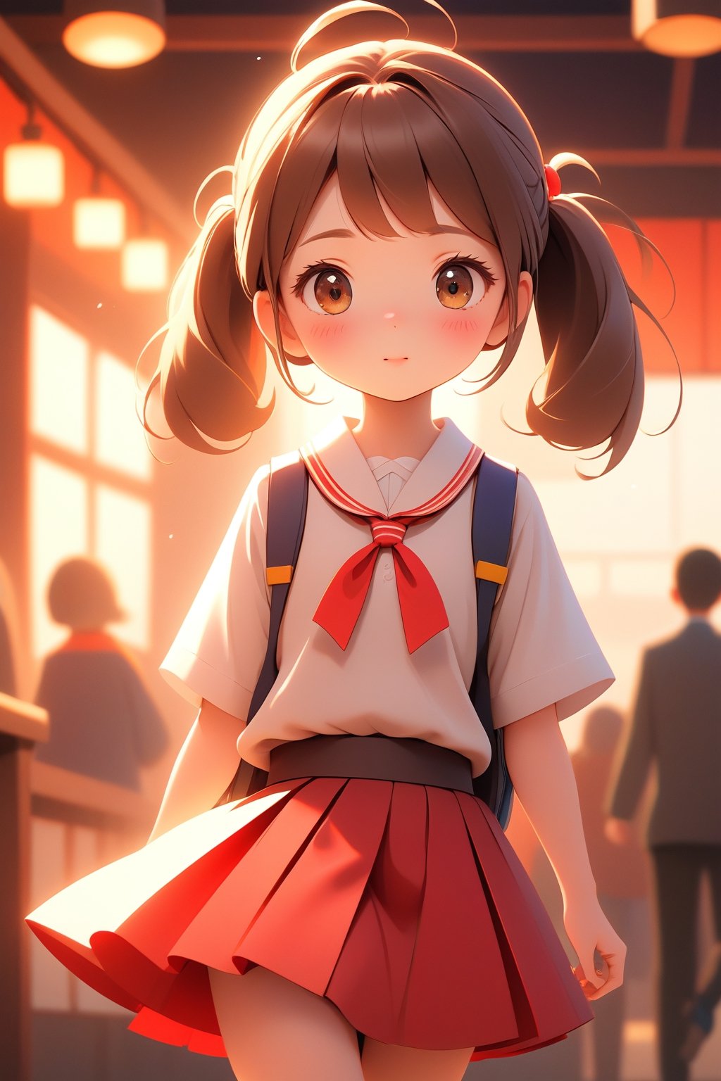 best quality, masterpiece, beautiful and aesthetic, vibrant color, Exquisite details and textures,  Warm tone, ultra realistic illustration,	(cute Japanese girl, 9year old:1.5),	(School theme:1.4), cute eyes, big eyes,	(a surprised look:1.3),	cinematic lighting, ambient lighting, sidelighting, cinematic shot,	siena natural ratio, children's body, anime style, 	head to toe,	dark brown bun hair,	wearing a school_uniform with short_skirt, white shirt, red skirt,	ultra hd, realistic, vivid colors, highly detailed, UHD drawing, perfect composition, beautiful detailed intricate insanely detailed octane render trending on artstation, 8k artistic photography, photorealistic concept art, soft natural volumetric cinematic perfect light. 