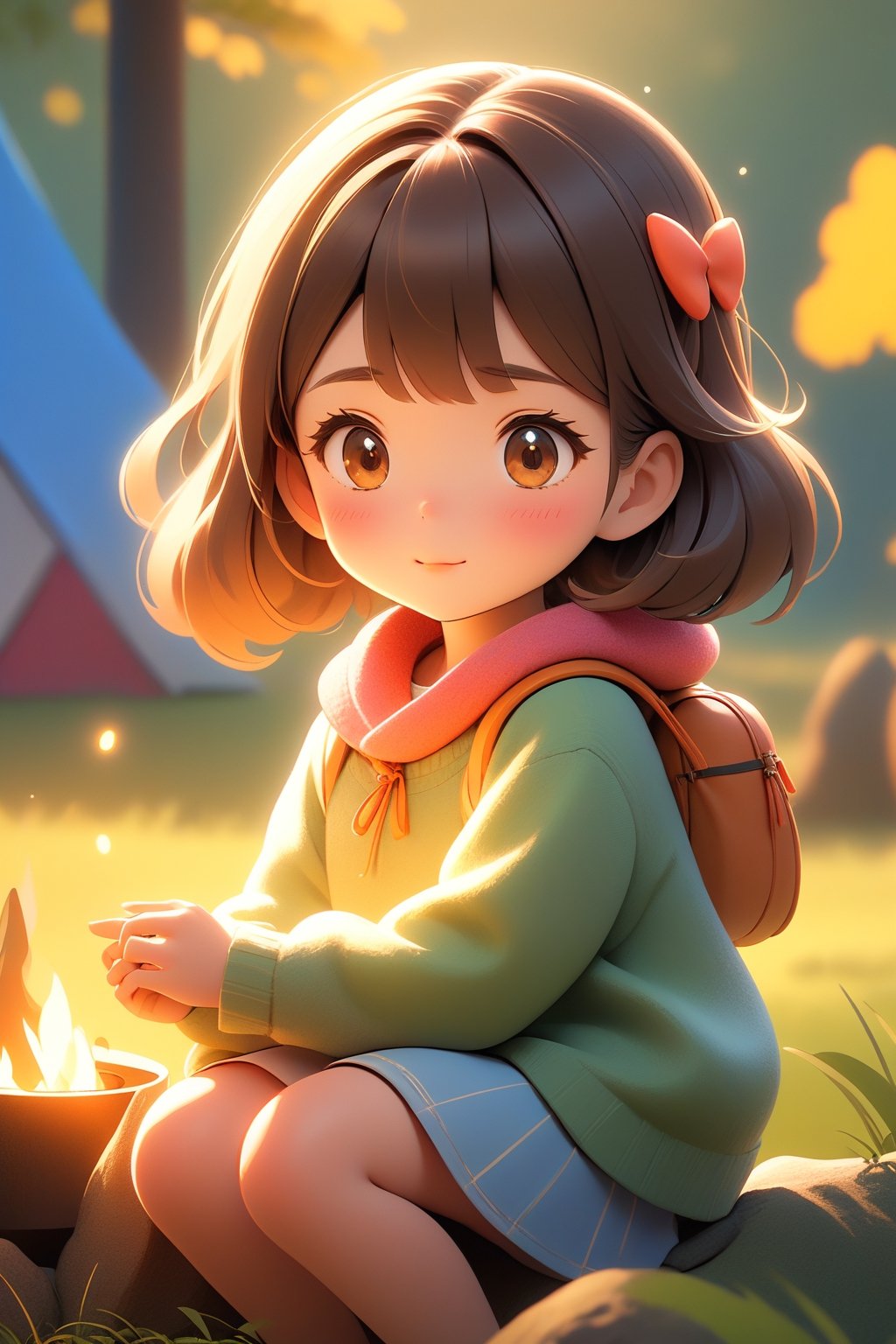 best quality, masterpiece, beautiful and aesthetic, vibrant color, Exquisite details and textures, Warm tone, ultra realistic illustration,	(cute Japanese girl, 9year old:1.5),	(Camping theme:1.4), camping with my dad,	cute eyes, big eyes,	(a surprised look:1.3),	cinematic lighting, ambient lighting, sidelighting, cinematic shot,	siena natural ratio, children's body, anime style, head to toe,	dark brown bun hair,	wearing a white highneck long_sleeve knit sweater and short_skirt,	ultra hd, realistic, vivid colors, highly detailed, UHD drawing, perfect composition, beautiful detailed intricate insanely detailed octane render trending on artstation, 8k artistic photography, photorealistic concept art, soft natural volumetric cinematic perfect light. 