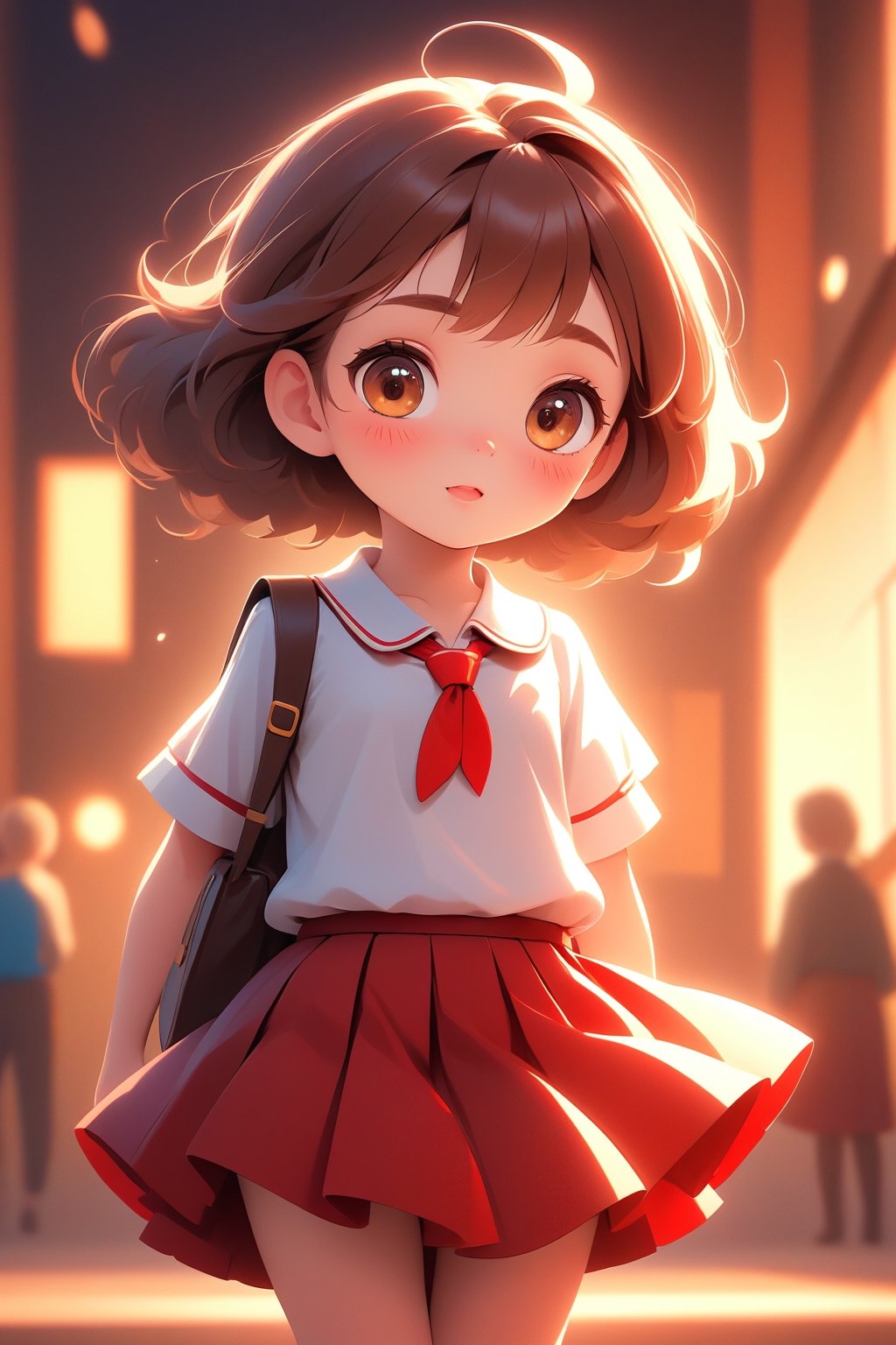 best quality, masterpiece, beautiful and aesthetic, vibrant color, Exquisite details and textures,  Warm tone, ultra realistic illustration,	(cute girl, 9year old:1.5), cute eyes, big eyes,	(a surprised look:1.3),	cinematic lighting, ambient lighting, sidelighting, cinematic shot,	siena natural ratio, children's body, anime style, head to toe,	dark brown bun hair,	school view, wearing a school_uniform with short_skirt, white shirt, red skirt,	ultra hd, realistic, vivid colors, highly detailed, UHD drawing, perfect composition, beautiful detailed intricate insanely detailed octane render trending on artstation, 8k artistic photography, photorealistic concept art, soft natural volumetric cinematic perfect light. 