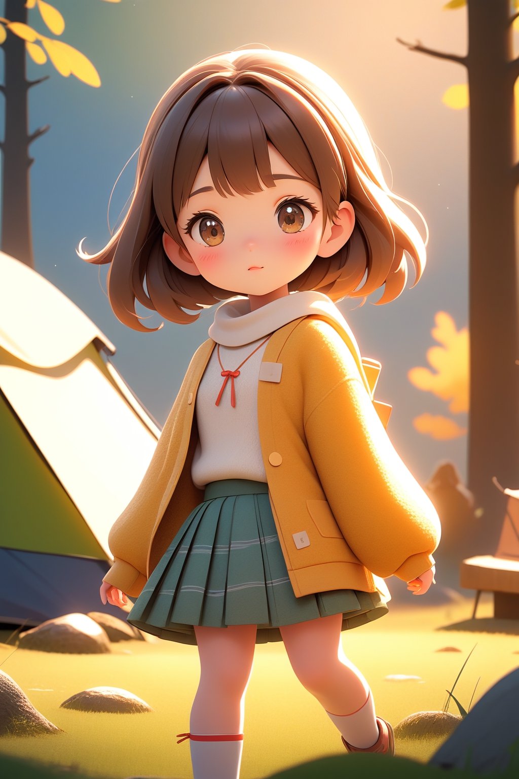 best quality, masterpiece, beautiful and aesthetic, vibrant color, Exquisite details and textures, Warm tone, ultra realistic illustration,	(cute Japanese girl, 9year old:1.5),	(Camping theme:1.4), camping with my dad,	cute eyes, big eyes,	(a surprised look:1.3),	cinematic lighting, ambient lighting, sidelighting, cinematic shot,	siena natural ratio, children's body, anime style, head to toe,	dark brown bun hair,	wearing a white highneck long_sleeve knit sweater and short_skirt,	ultra hd, realistic, vivid colors, highly detailed, UHD drawing, perfect composition, beautiful detailed intricate insanely detailed octane render trending on artstation, 8k artistic photography, photorealistic concept art, soft natural volumetric cinematic perfect light. 