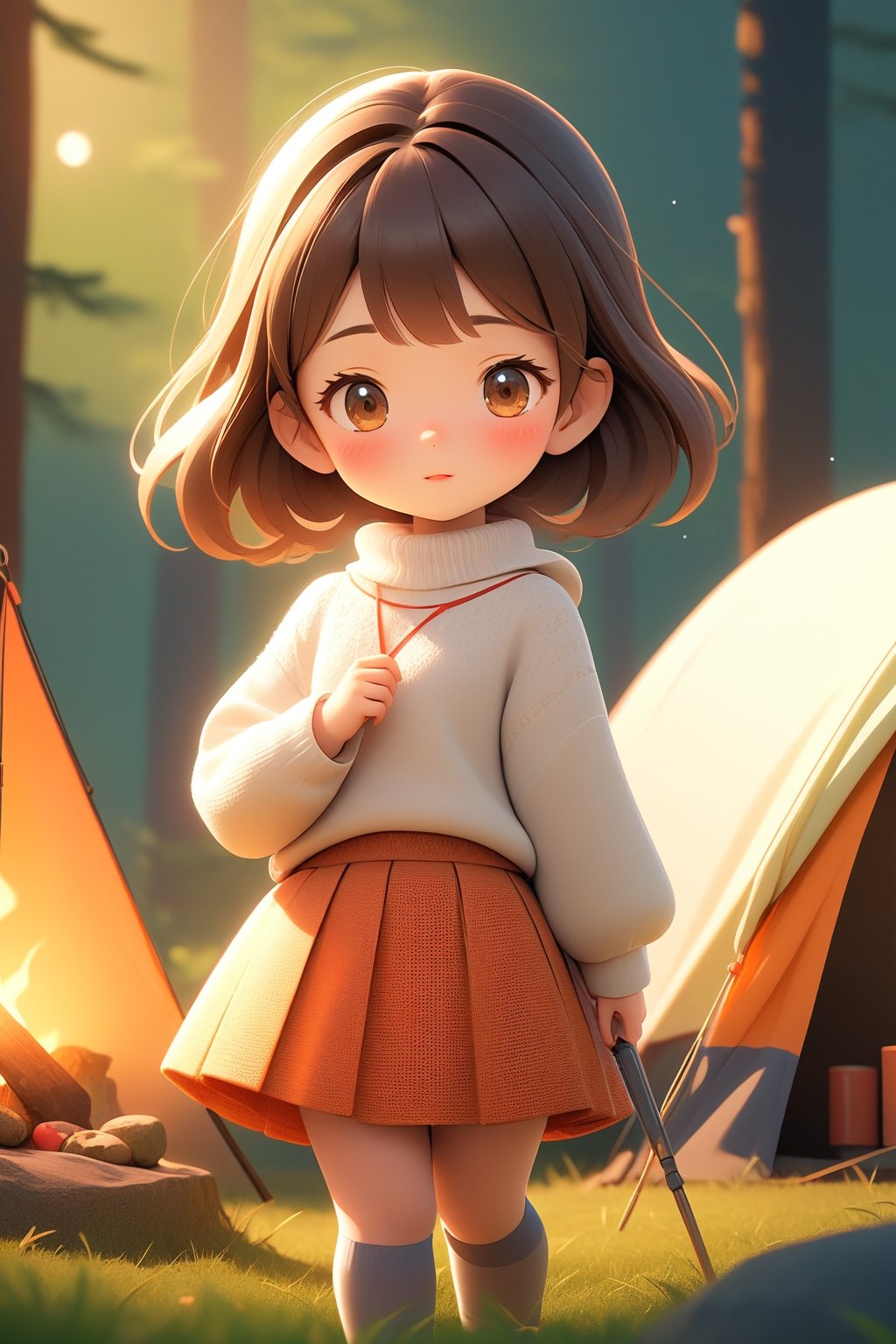 best quality, masterpiece, beautiful and aesthetic, vibrant color, Exquisite details and textures, Warm tone, ultra realistic illustration,	(cute Japanese girl, 9year old:1.5),	(Camping theme:1.4), camping with my dad,	cute eyes, big eyes,	(a surprised look:1.3),	cinematic lighting, ambient lighting, sidelighting, cinematic shot,	siena natural ratio, children's body, anime style, head to toe,	dark brown bun hair,	wearing a white highneck long_sleeve knit sweater and short_skirt,	ultra hd, realistic, vivid colors, highly detailed, UHD drawing, perfect composition, beautiful detailed intricate insanely detailed octane render trending on artstation, 8k artistic photography, photorealistic concept art, soft natural volumetric cinematic perfect light. 