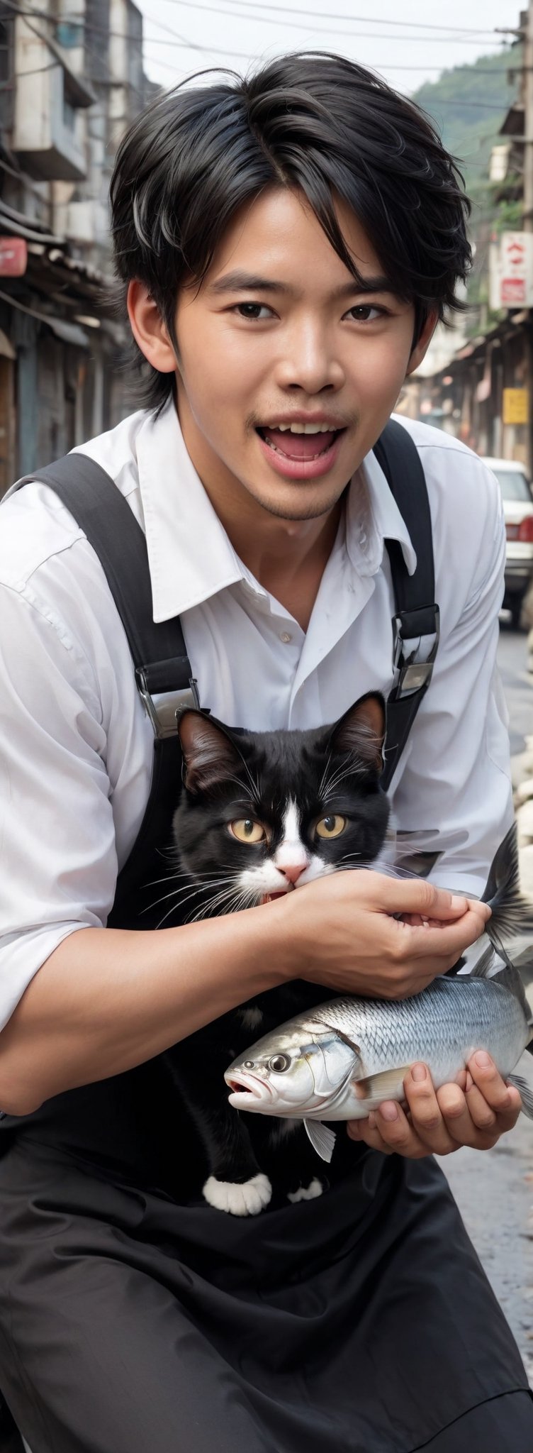 open mouth, shirt, black hair, 1boy, holding, white shirt, male focus, outdoors, teeth, apron, animal, cat, ground vehicle, motor vehicle, fish, realistic, road, holding animal, street, photo background