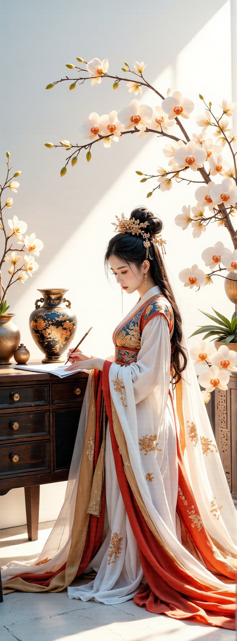 Score_9, score_8_up, score_7_up, A serene tableau unfolds: a transparent watercolor sketch on a simple, white background. A cloisonné Chinese vase sits atop a classical desk, flanked by gladioli and large white phalaenopsis. Against this understated backdrop, an elegant young woman dons white Hanfu, her long flowing hair and delicate features a testament to ancient oriental beauty. With brush in hand, she pens calligraphy, her eyes focused on the task at hand, as the soft glow of golden, red, black, and white hues harmonize to evoke a sense of refinement and contemplation. Movie special effects style. 