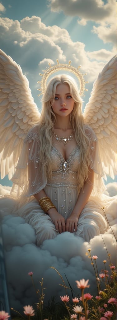 A Fallen angel seated on a billowy cloud, long blonde braids cascading elegantly, striking grey eyes sparkling with ethereal wisdom, snow-white luminous skin radiating an otherworldly glow, transparent veil adorned with shimmering crystals fluttering gently, delicate and airy divine garments layered with elements of crystal, intricate gold bracelets adorning arms and legs, magnificent angel wings unfurling in pure light, golden halo, vibrant sun rays filtering through, illuminating her presence, lush floral meadow beneath, creating an atmosphere of serene love and tranquility, wide-angle view showcasing the heavenly realm.