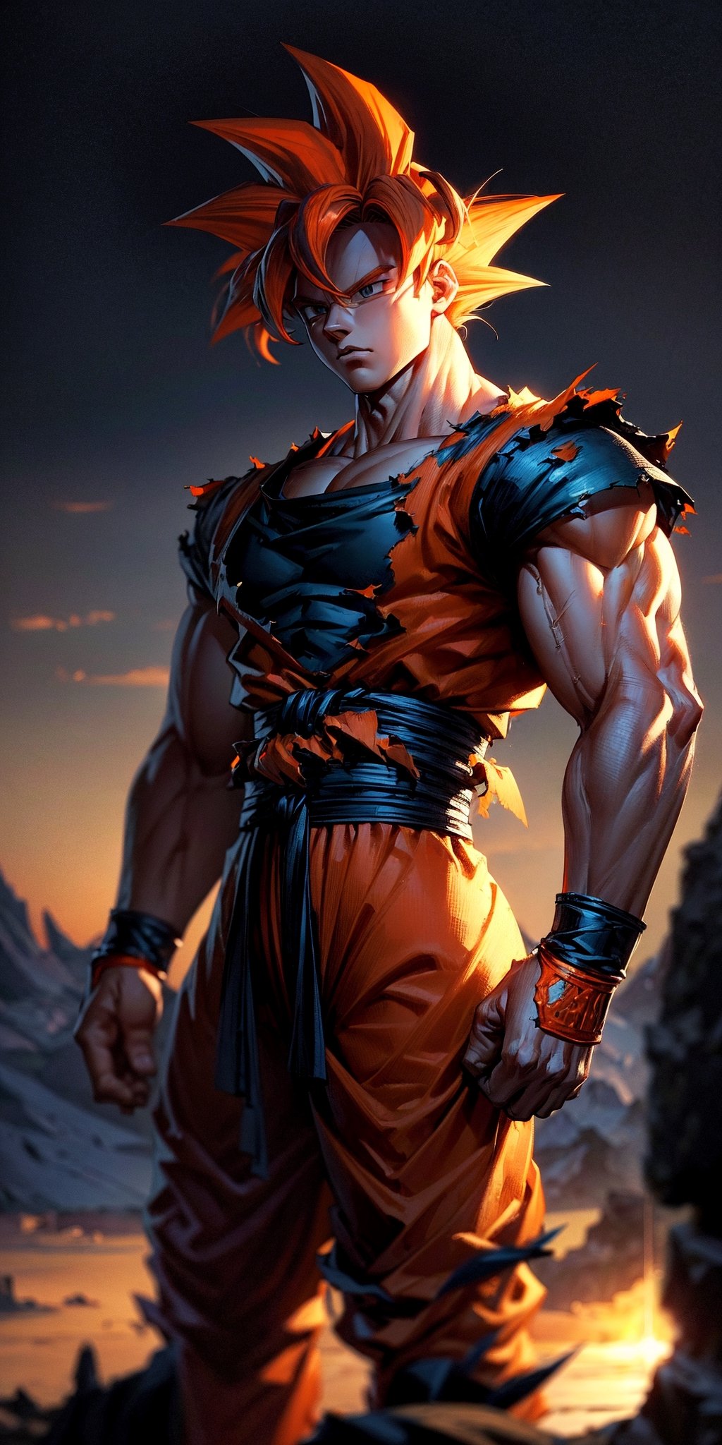 masterpiece, high quality, detailed lighting, son goku, (solo), 1boy, battle damage, (best quality), muscular, blue sky, blurry, blurry background, glacier, male focus, sky, solo, ultra instinct,(( light orange hair)), torn clothes, (good hands), (masterpiece), anatomy, , son goku,son goku,giant_this_guy