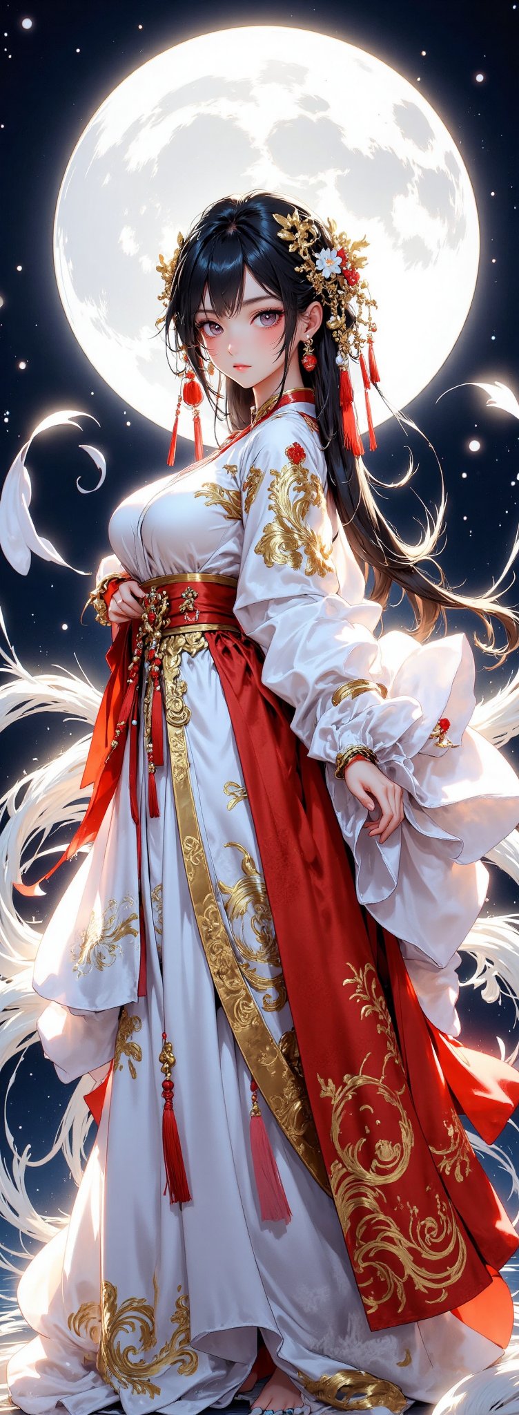 The image depicts a beautifully illustrated scene of a woman dressed in traditional,  ornate attire. She is standing again...