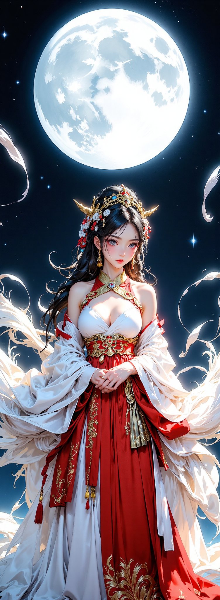 The image depicts a beautifully illustrated scene of a woman dressed in traditional,  ornate attire. She is standing again...