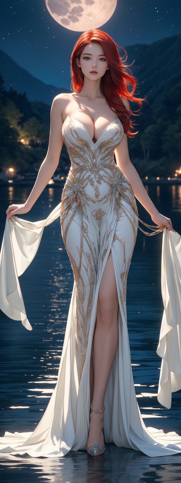 On a quiet moonlit night,  a half-naked woman wearing peacock feathers stood beside the lake.((red hair)) The moonlight wa...