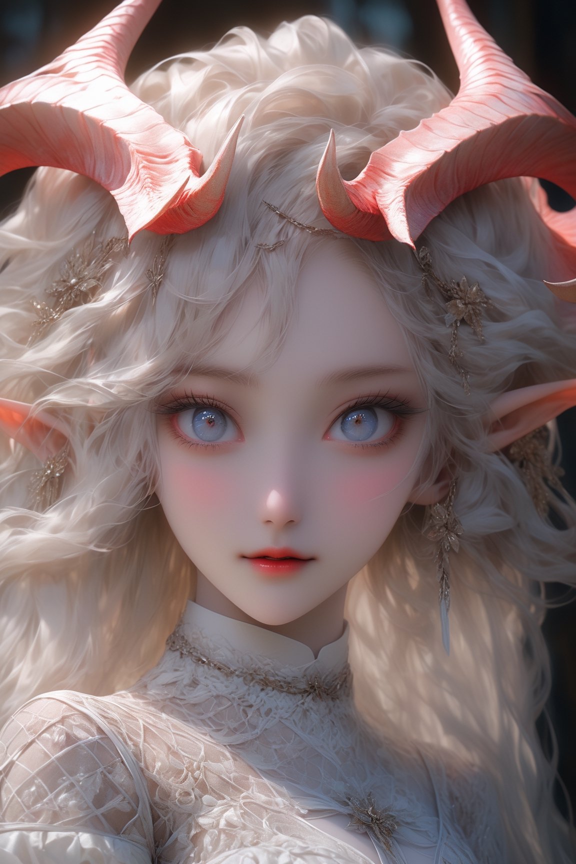 1 girl, (,Half body view) , ALL body, Looking up from the feet , Showing slim waist,  albino demon girl,((slit pupil eyes)),mesh fishnet blouse, (long intricate horns:1.2) ,alabaster skin, A benevolent smile, girl has Beautiful deep blue eyes, soft expression, Depth and Dimension in the Pupils,bondage harness, beautiful Korean 20yo girl, idol face, gorgeous girl, {beautiful and detailed eyes}, {normal limbs and fingers}, ((accurate hands without incongruity)), The face of a young actress in korea, high details, High quality, beauty face, perfect face, beautiful accurate face (eyes, nose and mouth), big_breasts, Detailed face, Detailed eyes, perfect foot, perfect hand, perfect fingers, Clean facial skin, slim and perfect body, film grain, realhands, looking at viewer, best quality, highest quality, extremely detailed CG unity 8k wallpaper, detailed and intricate, 