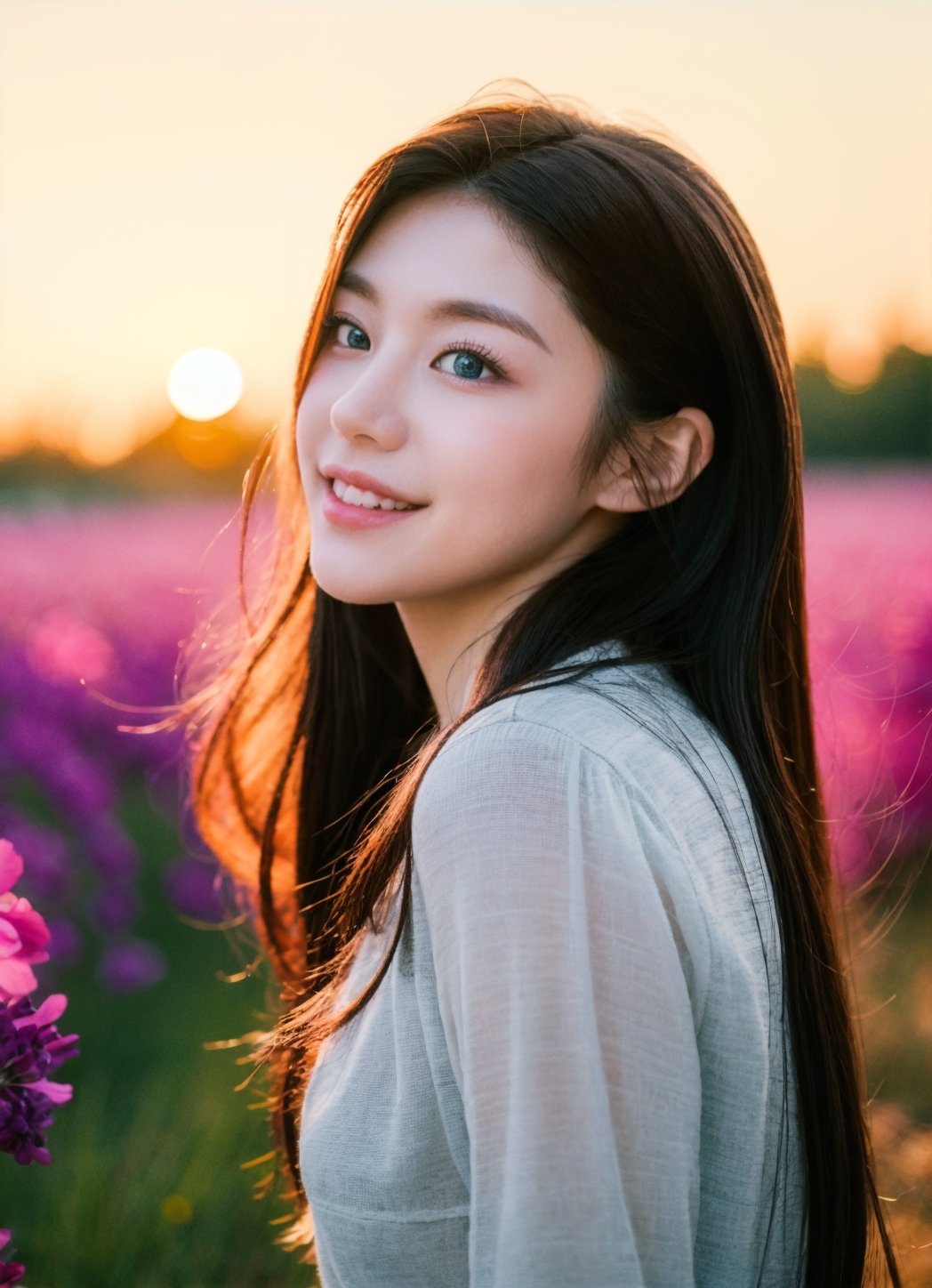 A dreamy girl in a short dress is looking up at the sky while walking through a field of wild flowers, with a breeze blowing during sunset, wind blown long hair, wind blown flower petals everywhere, watercolor illustration, anime style of a 19 years old girl with sparkling blue eyes and a gentle smile Portrait,WideHipsDef