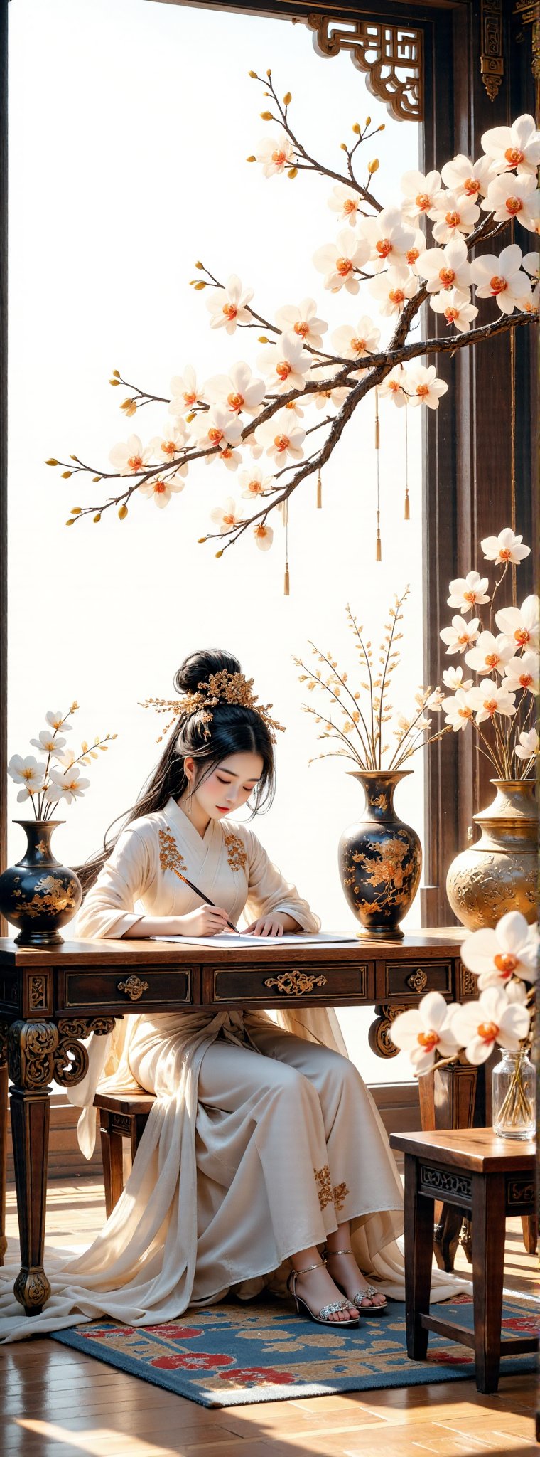 Score_9, score_8_up, score_7_up, A serene tableau unfolds: a transparent watercolor sketch on a simple, white background.((indigo  hair)) A cloisonné Chinese vase sits atop a classical desk, flanked by gladioli and large white phalaenopsis. Against this understated backdrop, an elegant young woman dons white Hanfu, her long flowing hair and delicate features a testament to ancient oriental beauty. With brush in hand, she pens calligraphy, her eyes focused on the task at hand, as the soft glow of golden, red, black, and white hues harmonize to evoke a sense of refinement and contemplation. Movie special effects style. 