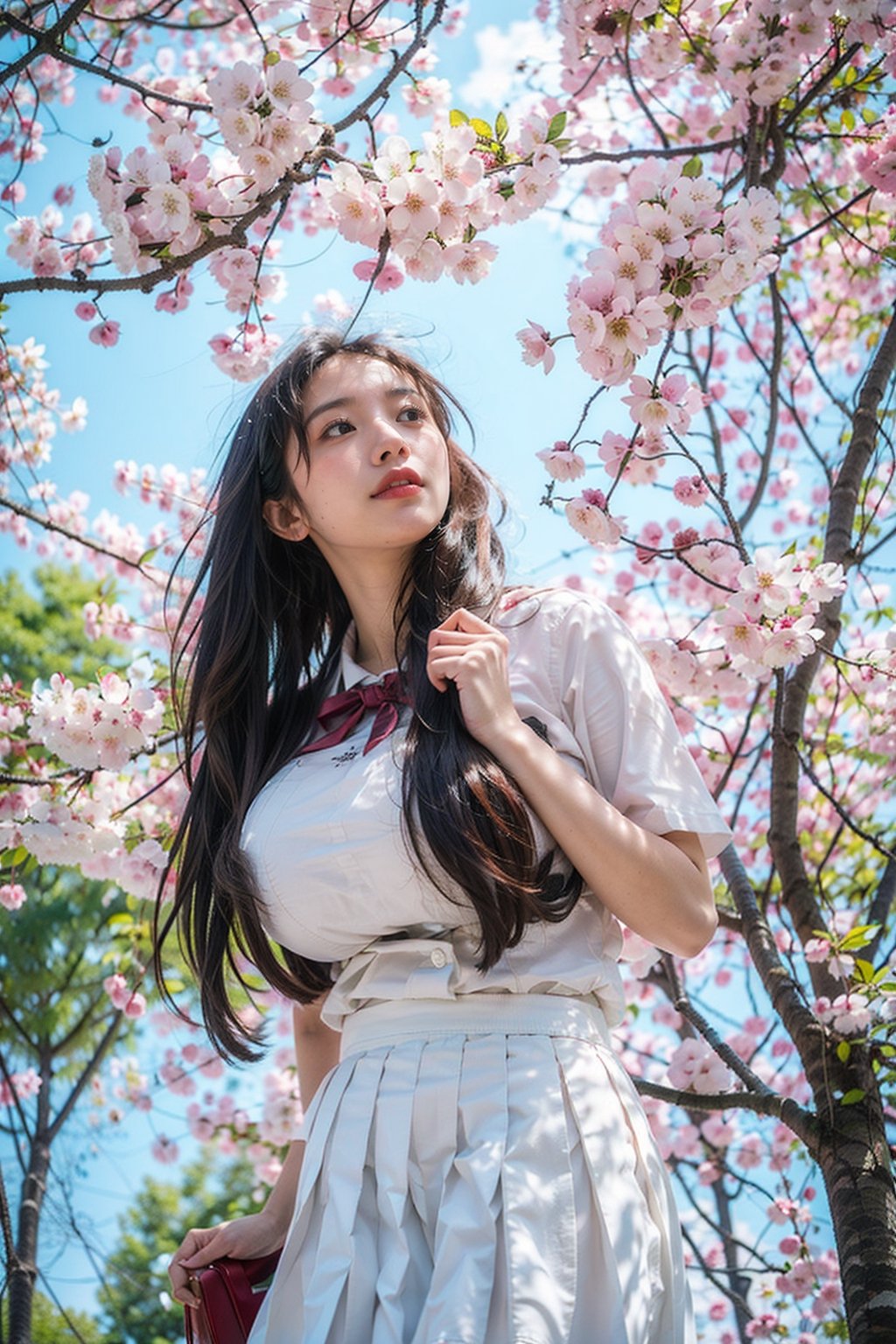 masterpiece,  highest quality,  8K,  RAW photo,
BREAK
1 japanese girl, high school student, school uniform, big breast, (haircut of uniform length), (one length), Beautiful shiny black hair, straight hair, messy hair, pale white skin, white skin, full body to the toes,  beautiful thighs, (navy blue pleated skirt), 
BREAK
profile, looking up, close eyes, standing under the cherry trees, ((Cherry blossom storm)), cherry blossom petals are falling, reach out a hand, ((angle from below)), dimly light,  at night, high_school_girl, best quality,CherryBlossom_background