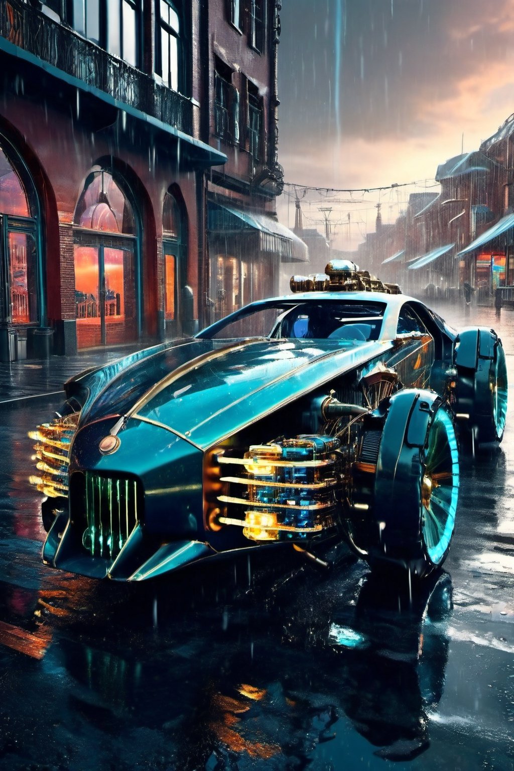 (Cyber steampunk car. aurora headlights. A thin neon line on the car body. The city at dusk. A world-famous design image that defies the laws of physics. Advanced artificial intelligence systems that blur the line between human consciousness and cybernetics. Travel to the end of time and the thermal death of the universe and the collapse of all matter and energy. 3D rendering, cybernetic realism, surreal photography with an isometric center on the cover, and an amazing full-color dark urban atmosphere drenched in rain.), Detailed Textures, high quality, high resolution, high Accuracy, realism, color correction, Proper lighting settings, harmonious composition, Behance works,c_car,science fiction,Concept Cars,DonMSt34mPXL