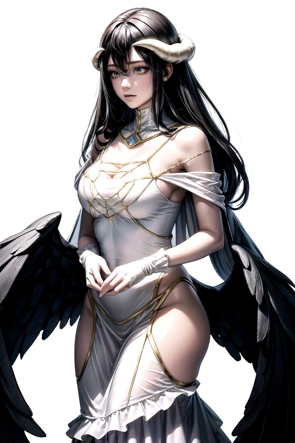 //Quality,
masterpiece, best quality
,//Character,
1girl, solo
,//Fashion,
,//Background,
white_background
,//Others,
,al1, demon horns, white gloves, white dress, bare shoulders, detached collar, cleavage, slit pupils, black wings, feathered wings, low wings,white dress,detached collar, full_body