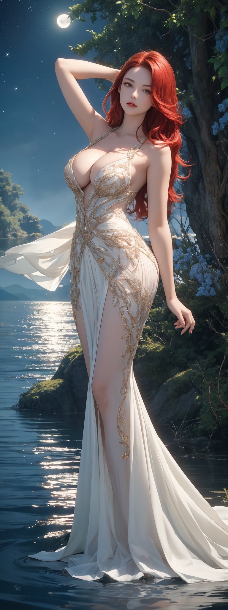 On a quiet moonlit night,  a half-naked woman wearing peacock feathers stood beside the lake.((red hair)) The moonlight wa...