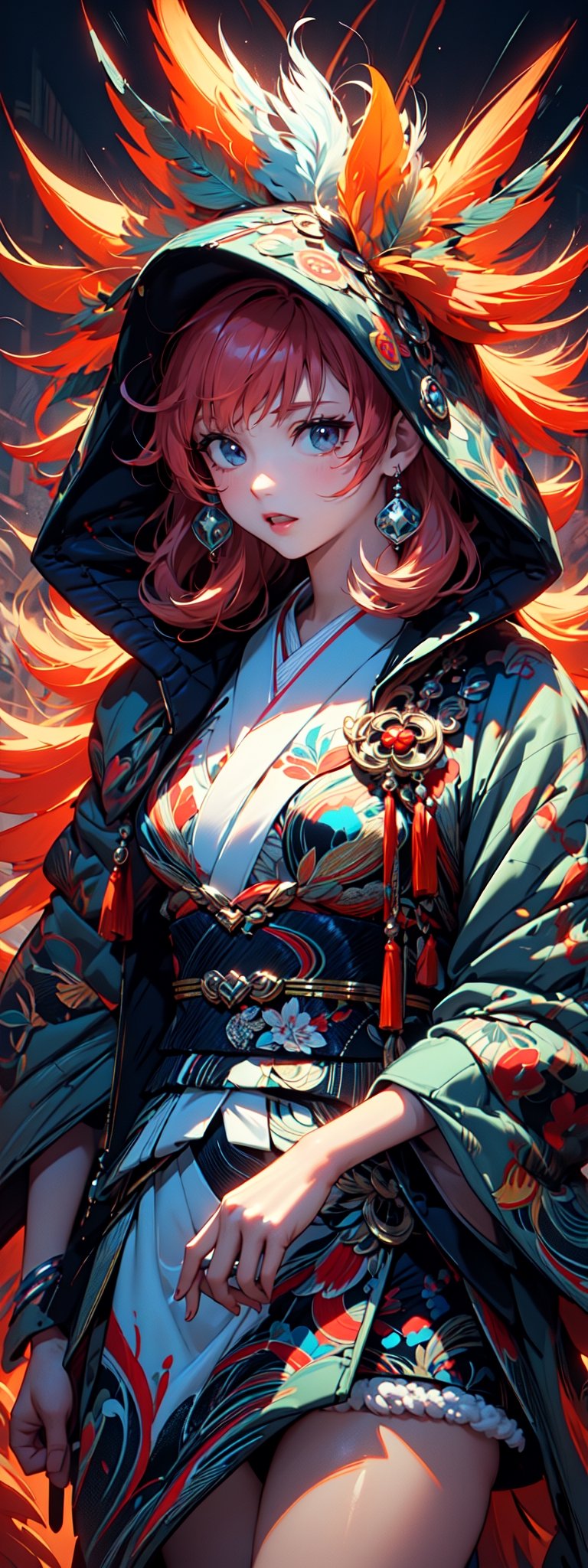 A girl with long orange hair, fur hooded kimono, orange hooded kimono, miniskirt, night streets. (Cinematic lighting, ethereal light, intricate details, extremely detailed, incredible details, full colored), complex details, hyper maximalist, masterpiece, best quality, HDR, UHD, unreal engine. head to thigh,xuer peacock feather