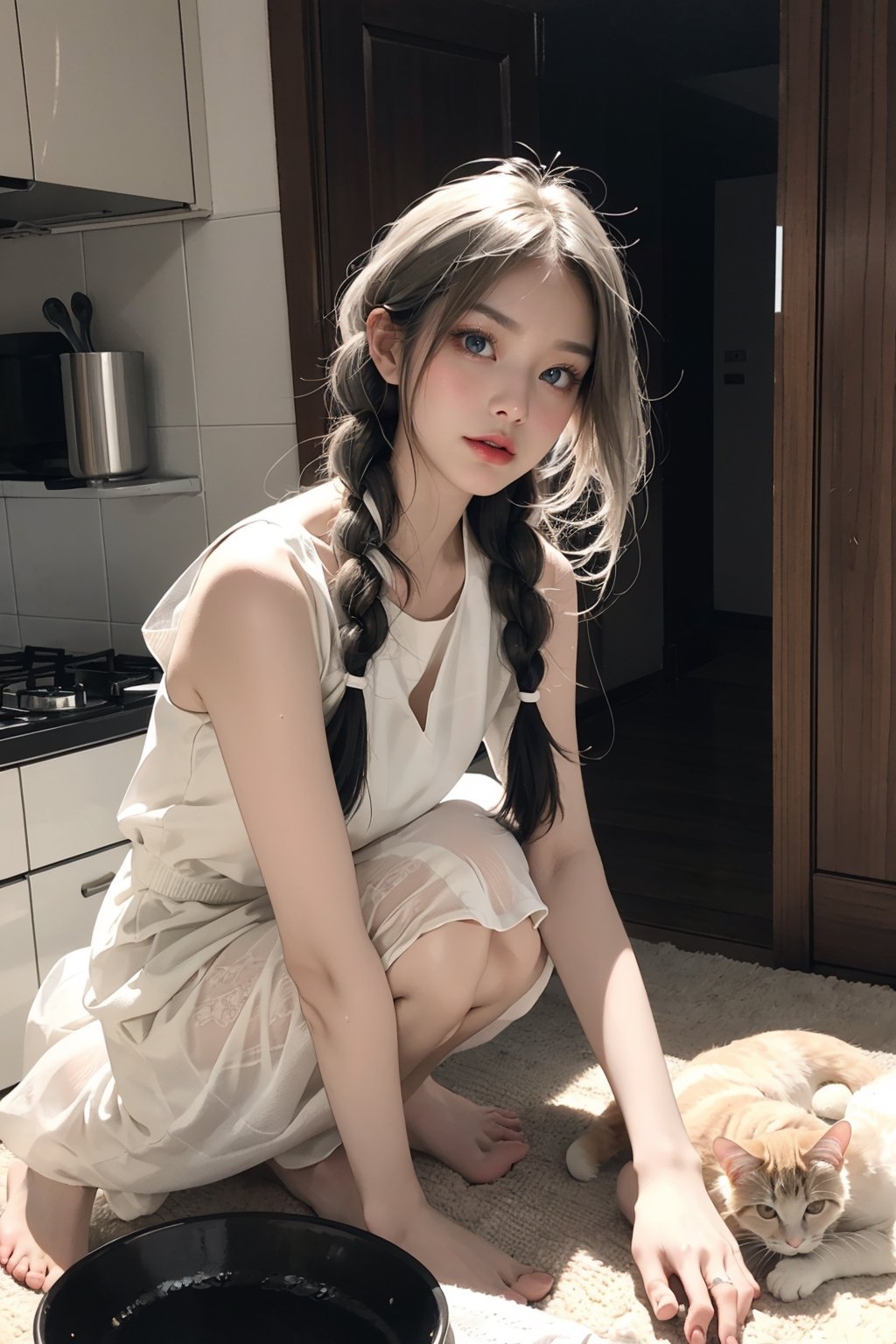 A Korean girl, wearing a very thin and loose red knitted hollow tulle dress with an oversized mesh knitted pattern, is cooking in the kitchen, and a group of kittens come out of the dress to play, front view (beautiful and detailed blue Bright eyes), delicate face shape, delicate eyes, double eyelids, face slimming, real hands, ((long white hair: 1.2)), braids, real white skin, white teeth, big breasts, bare feet, air bangs, 1 girl, real person, color splash style photo, aatsuna, long hair, calico cat,cat,calico cat