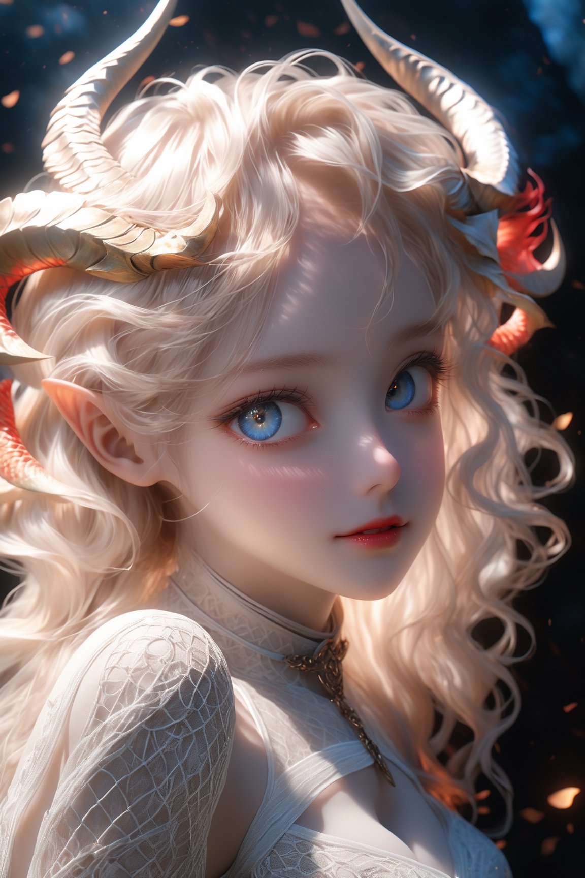 1 girl, (,Half body view) , ALL body, Looking up from the feet , Showing slim waist,  albino demon girl,((slit pupil eyes)),mesh fishnet blouse, (long intricate horns:1.2) ,alabaster skin, A benevolent smile, girl has Beautiful deep blue eyes, soft expression, Depth and Dimension in the Pupils,bondage harness, beautiful Korean 20yo girl, idol face, gorgeous girl, {beautiful and detailed eyes}, {normal limbs and fingers}, ((accurate hands without incongruity)), The face of a young actress in korea, high details, High quality, beauty face, perfect face, beautiful accurate face (eyes, nose and mouth), big_breasts, Detailed face, Detailed eyes, perfect foot, perfect hand, perfect fingers, Clean facial skin, slim and perfect body, film grain, realhands, looking at viewer, best quality, highest quality, extremely detailed CG unity 8k wallpaper, detailed and intricate, ,IncrsNikkeProfile,fire element